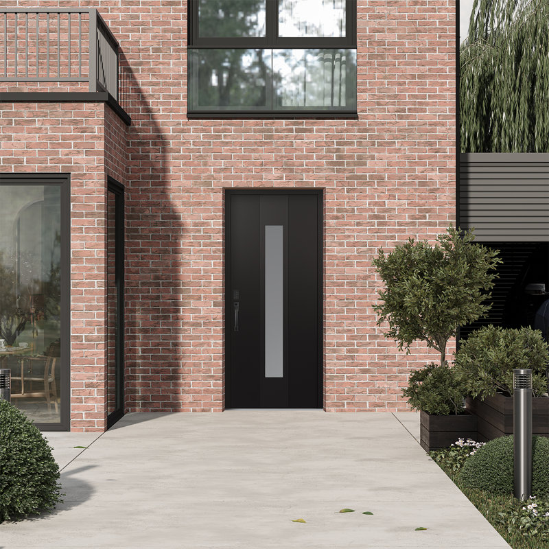 Porte d'entrée pré-suspendue en acier noir avec panneau à droite, Givré, Noir / blanc