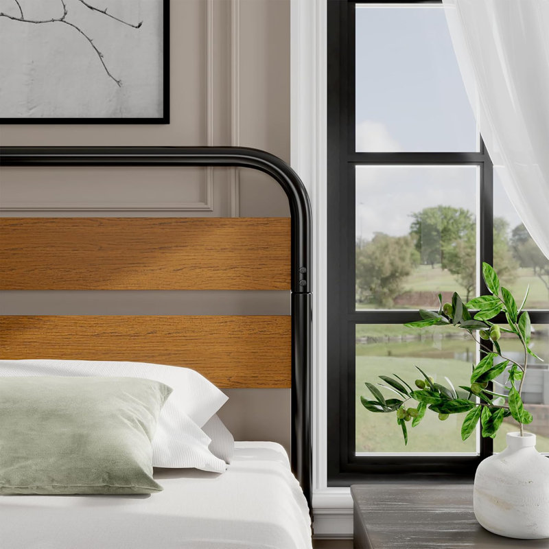 King Platform Bed Frame with Wooden Headboard & Footboard, Metal Slats, Brown