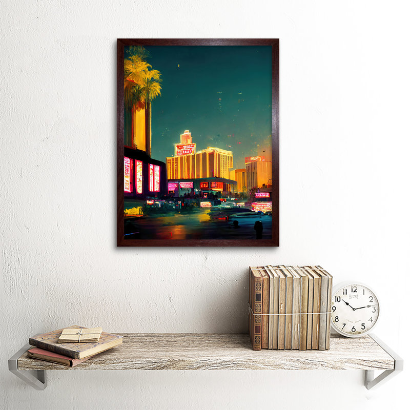 Las Vegas Strip Cityscape Skyline Street - Painting, Brown Framed Paper, 43cm H x 33cm W