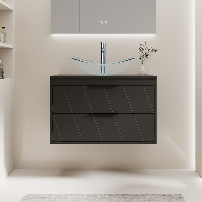 Sharee 30" Wall Mounted Single Bathroom Vanity With Ceramic Vessel Sink, Manufactured Wood Top, Faucet, Drain, Black