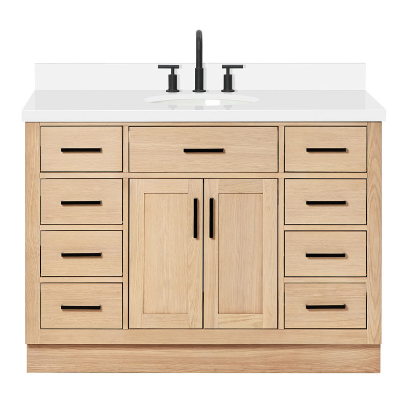 Ensemble de meuble-lavabo simple en bois massif 48 po avec lavabo en quartz blanc 1,5 po Tidworth, Chêne naturel, Ovale