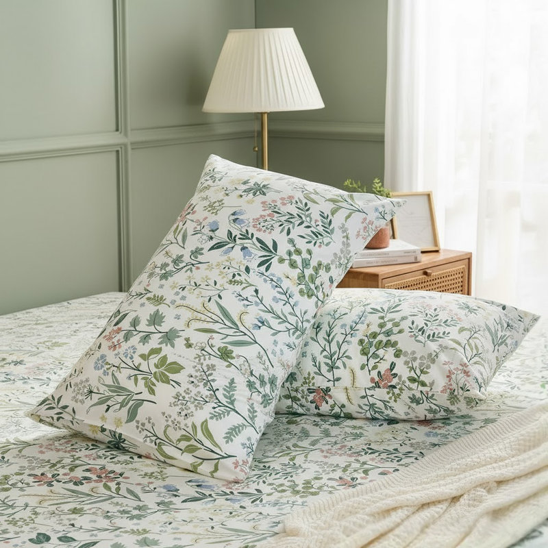 Standard Size Pillowcases Set of 2, 100% Cotton Pillow Cases, Fresh Green Botanical Bloom Pillow Covers, Smooth Cooling Envelope Closure Pillow Case Set (Standard, 20"x26")