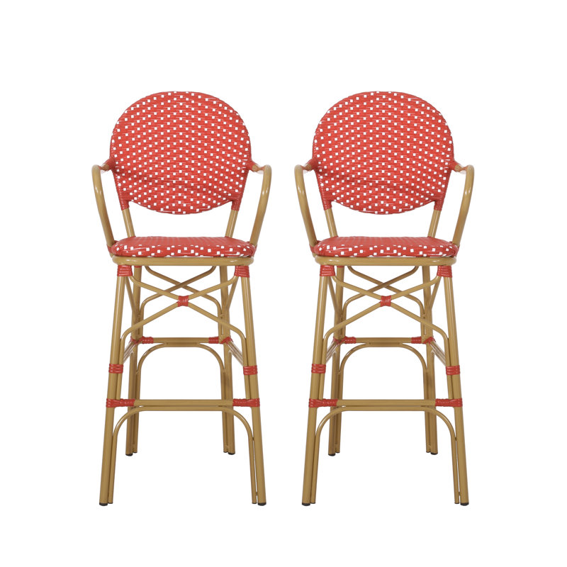 Ensemble de 2 tabourets de bar d'extérieur en osier et aluminium 29,5 po, finition bambou, Rouge