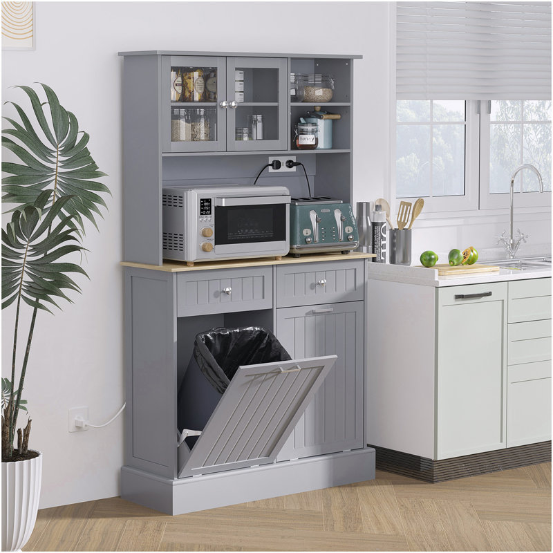 Armoire de rangement pour garde-manger 68 po avec station de charge, 2 armoires à ordures inclinables et support pour micro-ondes, huche de cuisine autoportante avec portes en verre et tablette réglable