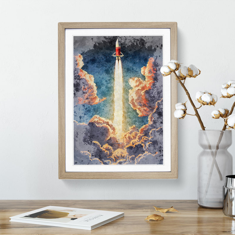 Spaceship Rocket No.3 - Single Picture Frame Painting, 34cm H x 25cm W x 2cm D, Oak