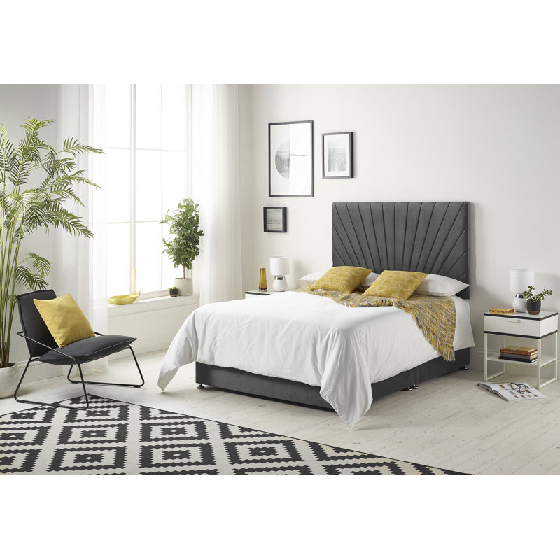 Schwerin Plush Velvet Divan Bed Set with Open coil Memory Foam Mattress No Headboard, Charcoal, Single (3'), No Drawer