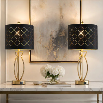 Anja 25" Modern Glam Table Lamp Set with USB+Type-C Ports and Black Shade