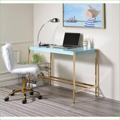 Desks, Modern Writing Desk with USB Port – High-Gloss White Top &amp; Gold Metal Base | Gold | Synthetic Wood