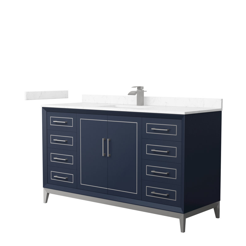 Ensemble de meuble-lavabo simple 60 po Marlena, Marbre de culture blanc, Bleu foncé, Nickel brossé