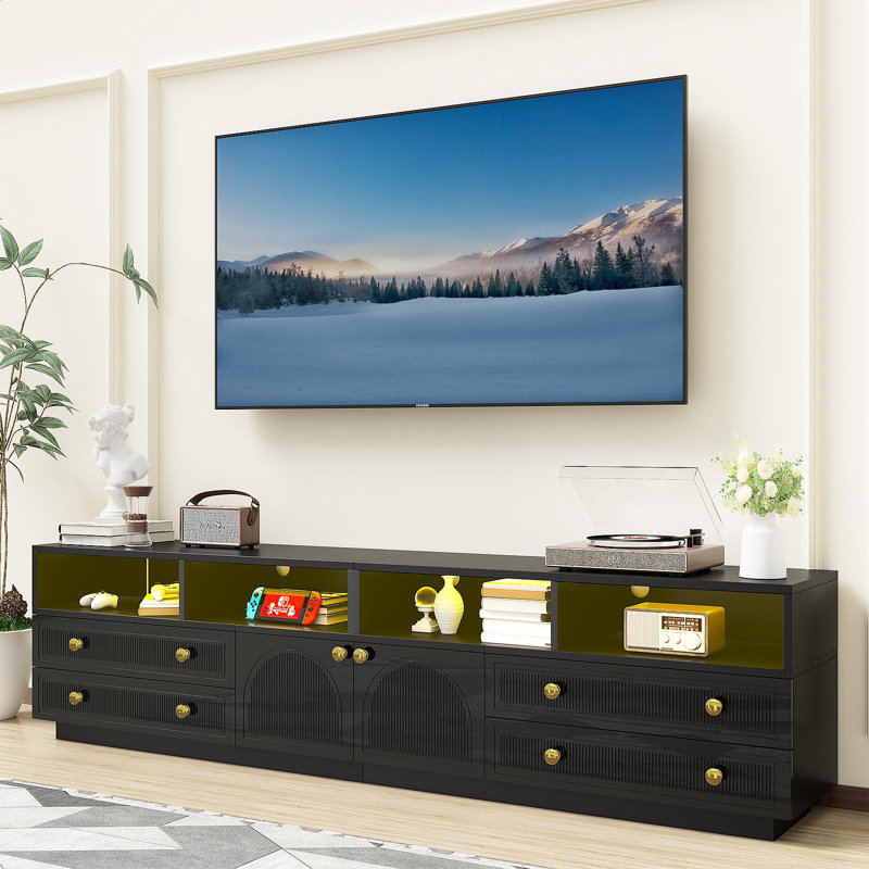 TV Stand For Tvs Up To 100", High-Gloss TV Entertainment Center With LED Lights And Storage For Living Room, Black, Black
