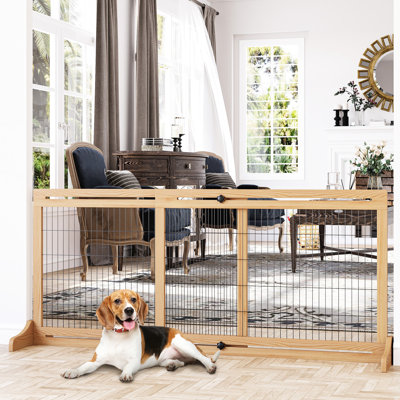 Freestanding Pet Fence, 72" W X 27.2" H, Adjustable For Dogs & Cats, Natural Wood, House Entrance Area, Doorway, Hallway H Gate, Adjustable, Wood Stee