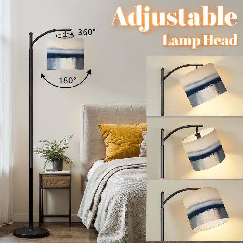Arc Floor Lamp with Adjustable Lampshade Abstract Modern Blue Seascape Ocean Blue Ocean Waves Standing Lamp 3 Color Temperatures Dimmable Tall Pole Lamp with Foot Switch for Bedroom