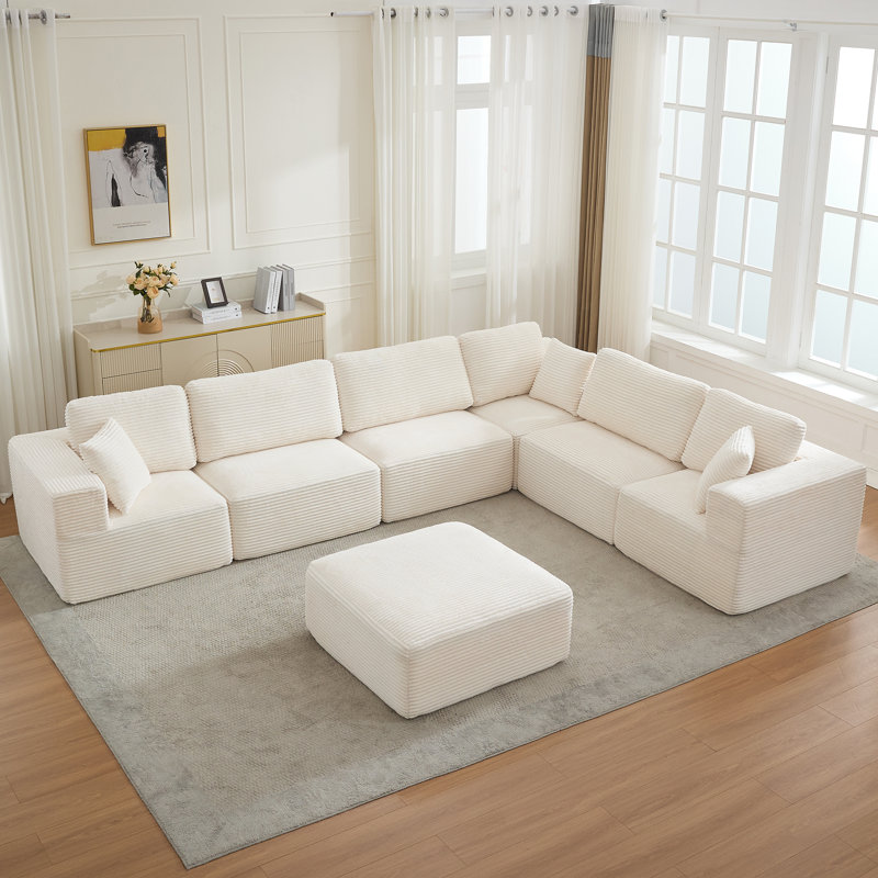 Acuna Corduroy Upholstered Ottoman, Creamy White