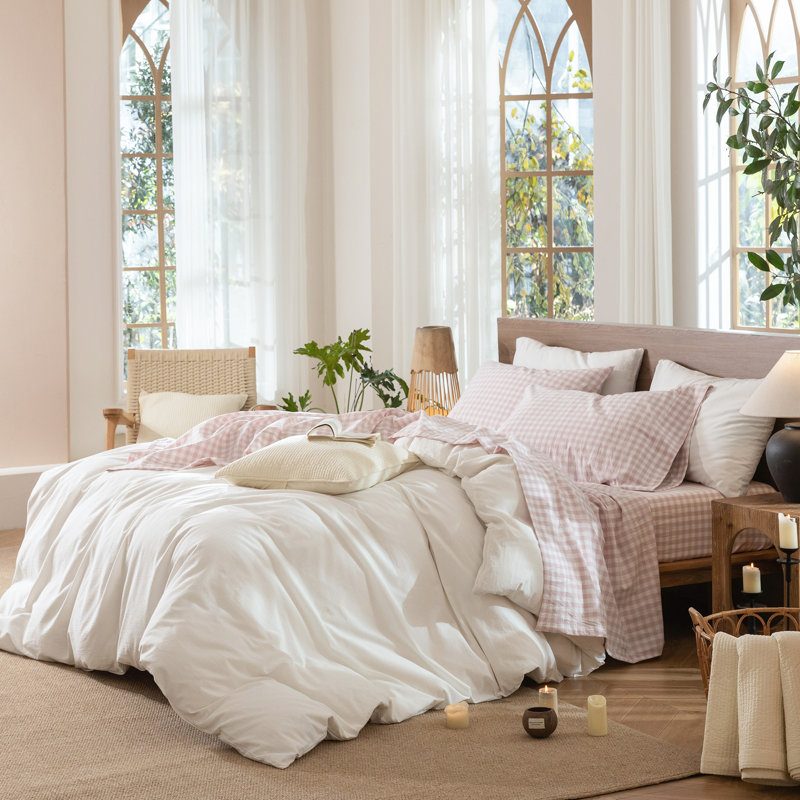 Ensemble de draps 100% coton lavé MooMee, Rose cendré, Ensemble de draps pour grand lit avec 2 taies d'or