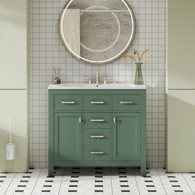 36" Green Modern Freestanding Bathroom Vanity With Ceramic Sink, 4 Drawers & 2 Cabinets For Ample Storage