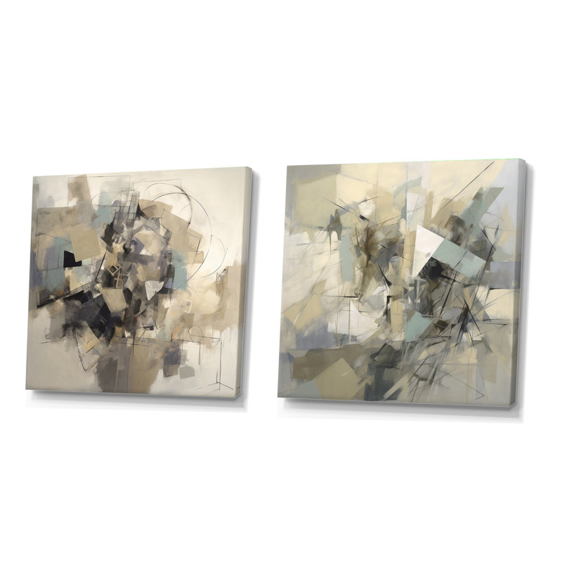 Mélange géométrique gris et beige - ensemble de 2 collages abstraits carrés, Toile tendue, H 30 po x l 61 po