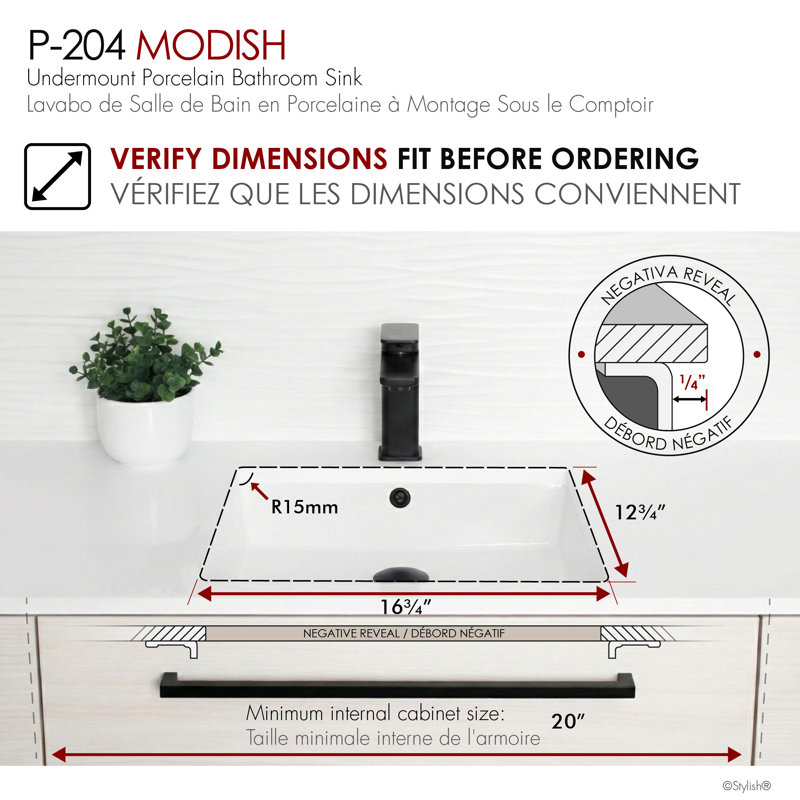 STYLISH Horizon Modish 19-1/2"L White Rectangular Undermount Bathroom Sink