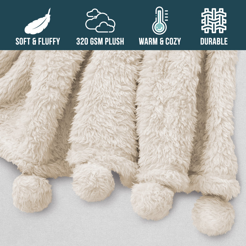 Ivory Cream Sherpa Fleece Throw Blanket with Pom Poms
