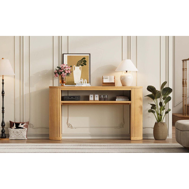 Console avec pieds cannelés, table d'appoint de couloir ovale rétro avec plateau en placage de frêne et finition vernie, tablette ouverte