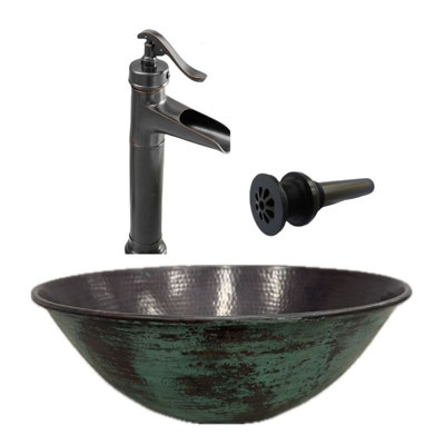 Robinet de lavabo vasque rond en cuivre 14 "avec patine verte et drain inclus