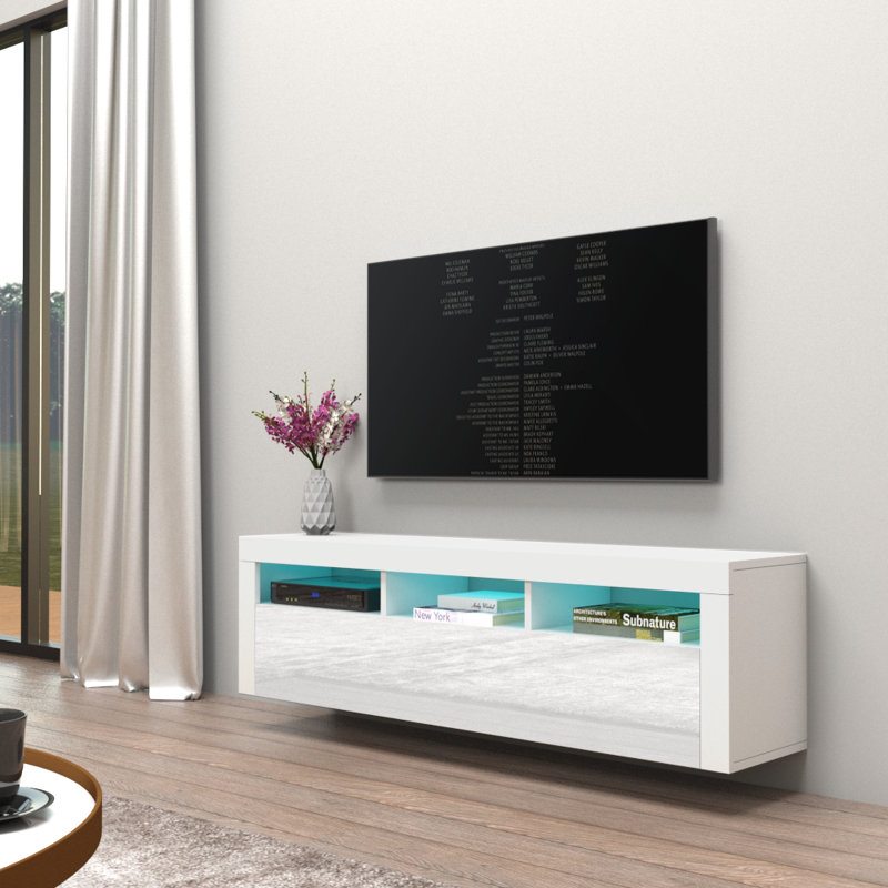 Vesperina Modern TV Stand with 16-Color LED Lighting, High Gloss Finish, White