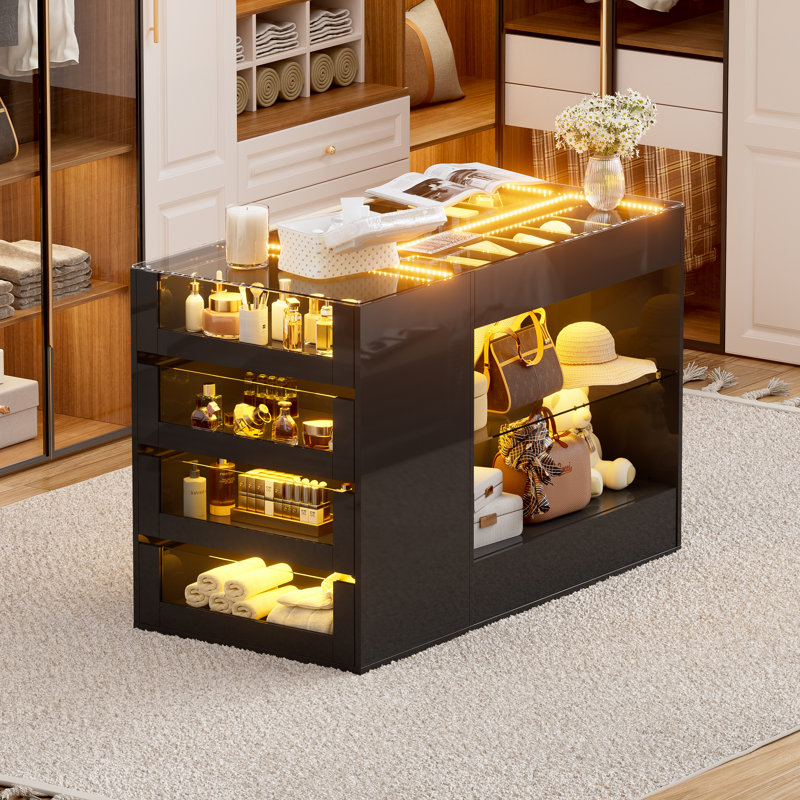 Walk-In Closet Island with 8 Drawers and Open Storage, 1-Shelf Chest with Tempered Glass Top, LED Light, Jewelry Storage