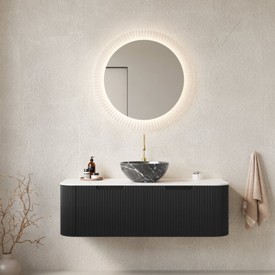 Meuble-lavabo de 48 po avec lavabo, armoire flottante, lavabo en céramique noire, comptoir à motif de pierre, système de tiroir à fermeture en douceur, texture de bol mural de 48 po, pré-assemblé, grand espace de rangement