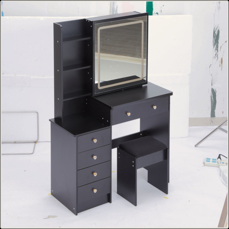 37" Middle Size Left Bedside Cabinet Vanity Table + Cushioned Stool, Large Sliding, Touch Control, Tri-Color Switching, Brightness Adjust LED Mirror, High Capacity Storage, Suitable For Middle Space