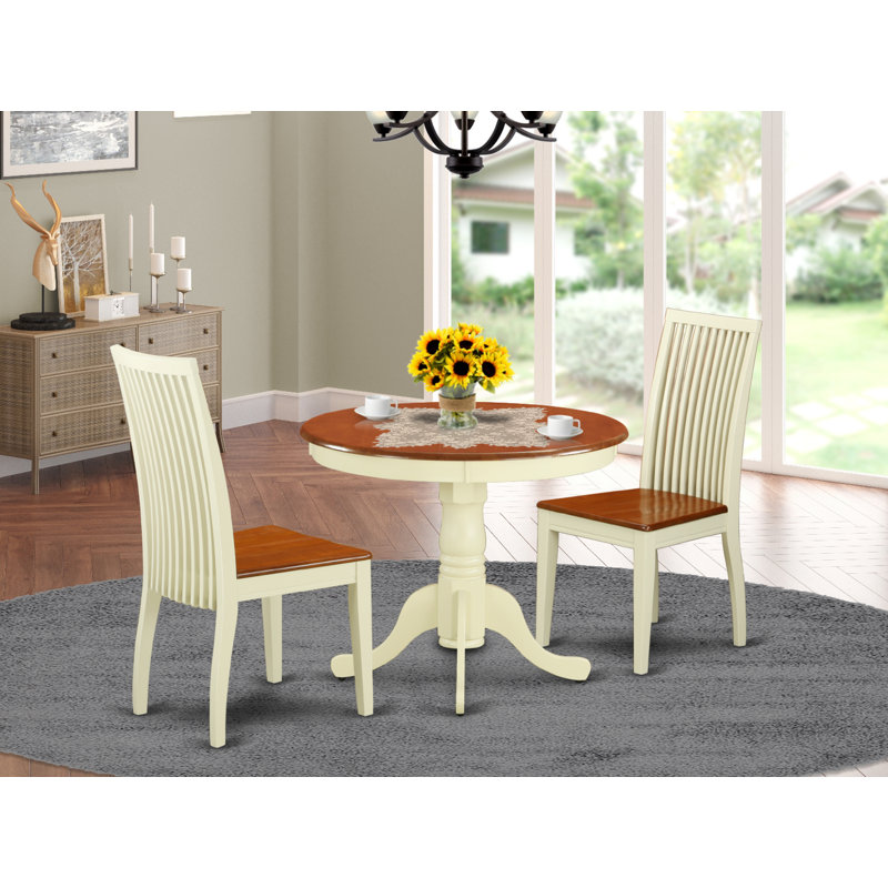 3 Piece Dining Set Contains a Round Dining Room Table with Pedestal and 2 Wood Seat Chairs, Buttermilk & Cherry