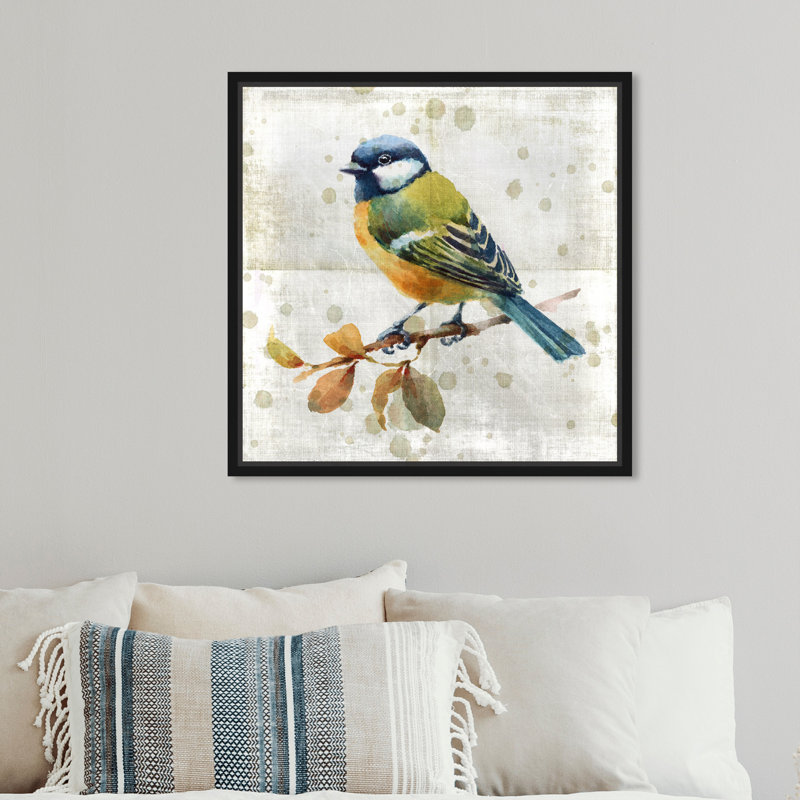 Oiseau bleu - peinture sur toile, Cadre noir, H 12 po x l 12 po