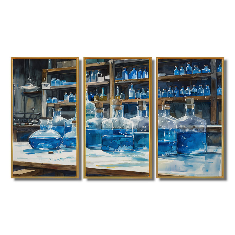 Laboratoire chimique, ensemble d'art mural, Toile avec cadre flottant or, H 28 po x l 36 po x P 1 po