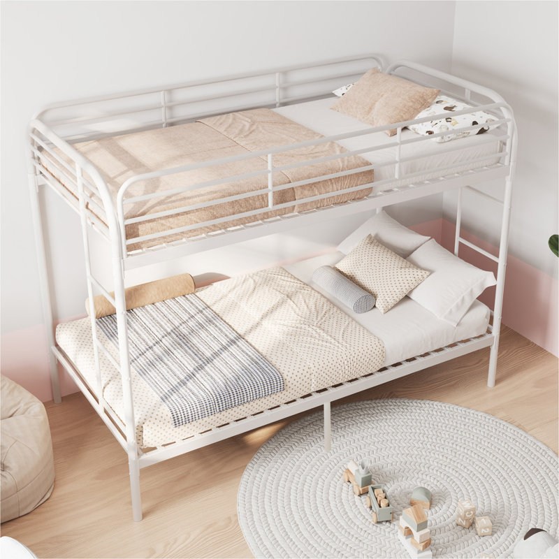 Lit superposé avec échelle et lit superposé en métal à garde-corps haut, espace de rangement, silencieux, taille simple sur simple, blanc