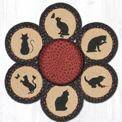  Braided Jute Trivet Set with Decorative Cat Motif - 10"x10"