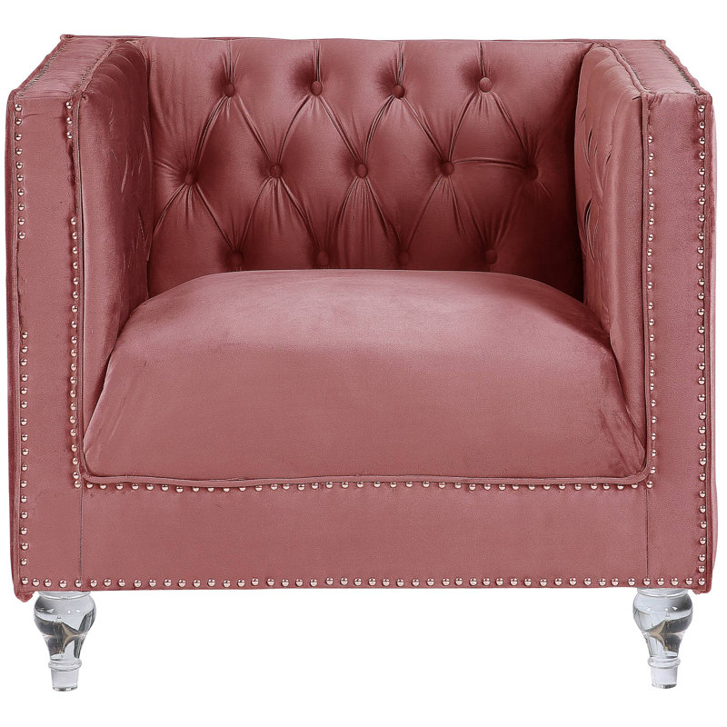 Fauteuil de salon Living, velours rose, capitonné