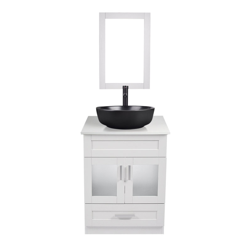 Andoro 24 " W Freestanding Standard Single Vanity Bathroom Vanity With Top with Mirror, Matte Black, White