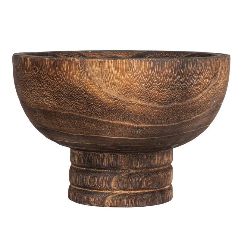 Round Paulownia Wood Pedestal Bowl, Charred Brown