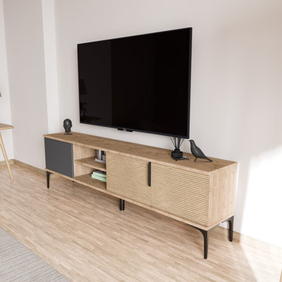 Meuble télé moderne avec option de fixation murale, finition anthracite et chêne, 70,9 x 19,3 x 13,0 pouces | Panneau de particules 100% mélaminé, plusieurs tablettes de rangement | Design scandinave, idéal pour le salon et les espaces de divertissement