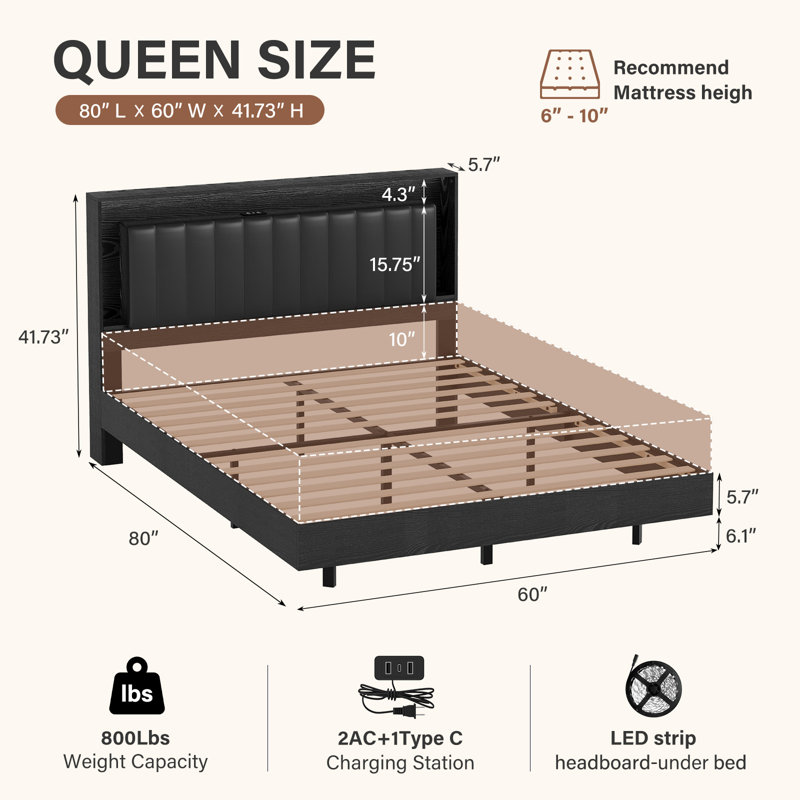 Modern Led Pseudo-Floating Bed, Open Platform Velvet Upholstered Bed