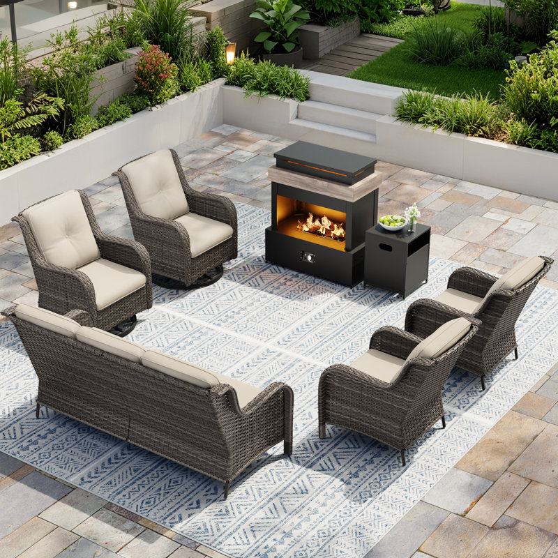 7-Person Outdoor Patio Conversation Rattan Seating Group With 5000BTU Fireplace,4 Chairs and Beige Cushions, Beige