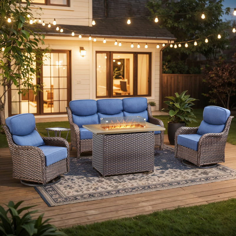 Heritage 5-Piece Outdoor Wicker Patio Conversation Set With Rectangle Fire Pit, Swivel Gliders And 3-Seat Sofa With 6" Thick Cushions