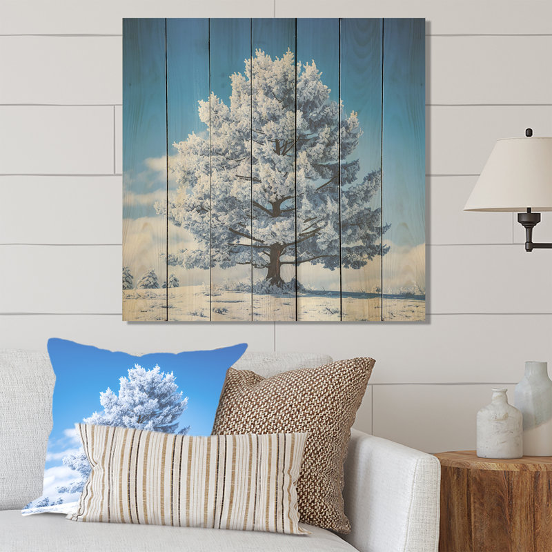 Pin blanc enneigé - Pin sur impression de bois, H 15 po x l 15 po