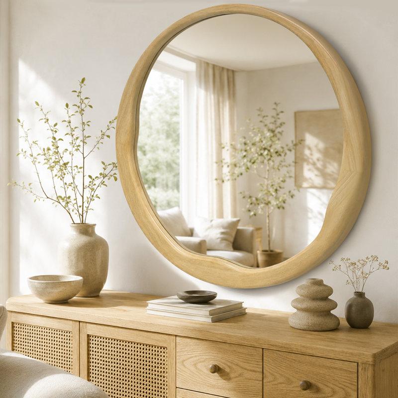 Round Solid Wood Framed Wall Mirror, Decorative Bathroom Vanity Mirror, 36" x 36", Natural Wood