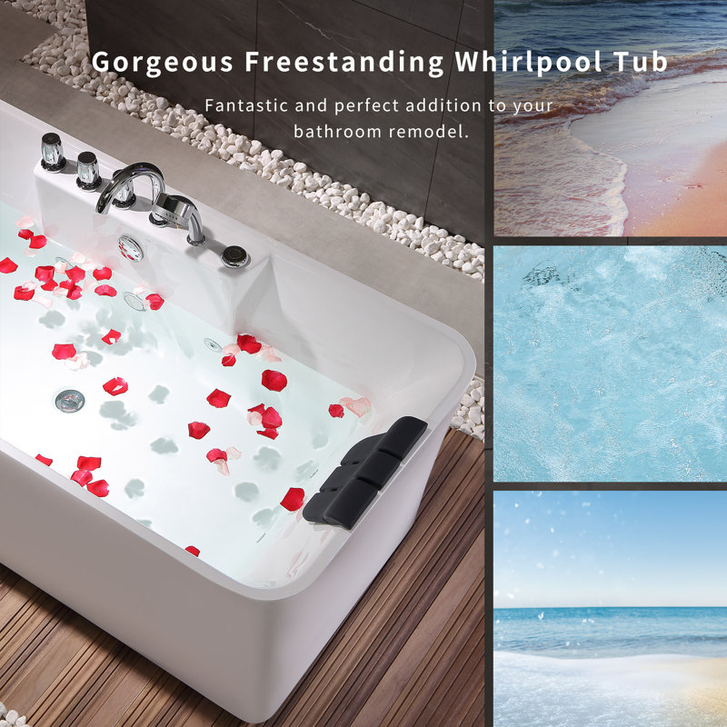59 In. X 29.5 In. Center Drain Freestanding Whirlpool Bathtub Hydrotherapy Jetted Soaking Bath Tub - Tub Filler In White