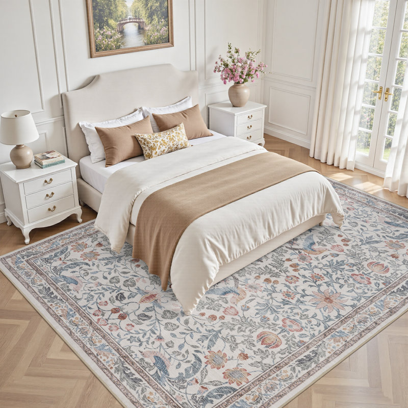 Soft Multicolor Vintage Floral Washable Non-Slip Area Rug  for Living Room & Bedroom, Rectangle 8' x 10'