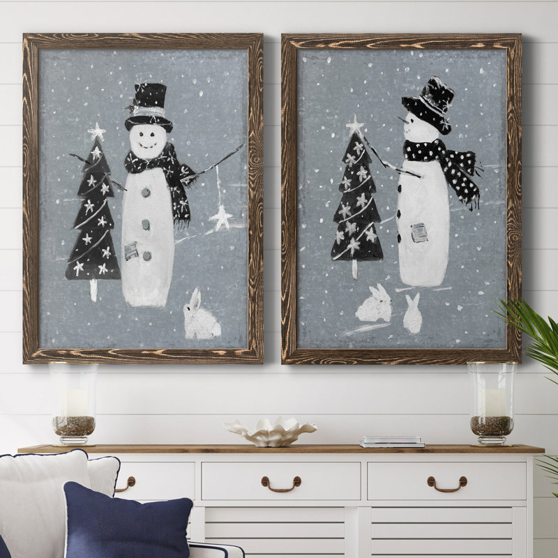 «Snowman Galvanized I», ensemble de 2 reproductions, Toile avec cadre en noyer, Pas de tapis, H 44 po x l 31 po x P 1 po