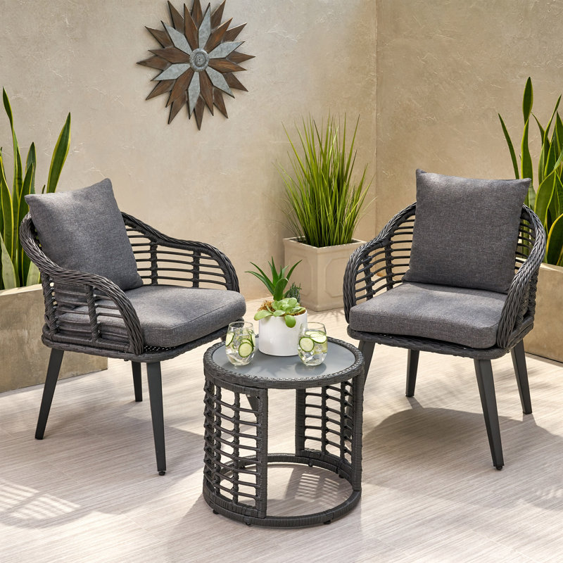 Meserve 2 - Person Patio Conversation Set with Cushions, Gray Frame / Dark Gray Cushion