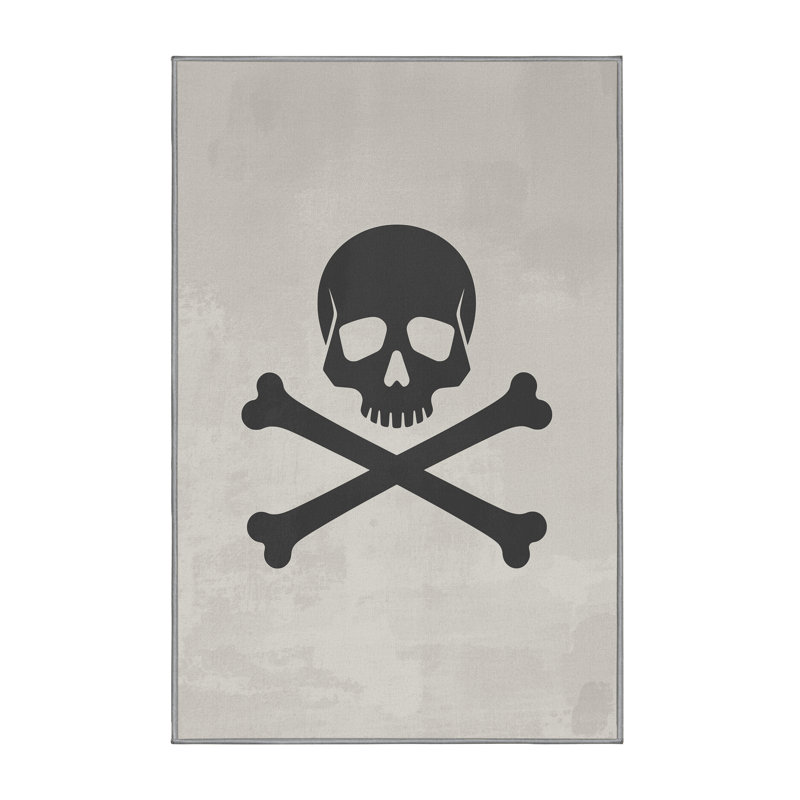 Soft Plush Dupree Pirate Flag Symbol Minimalist Area Rug in Gray – Gray Binding, 5x7