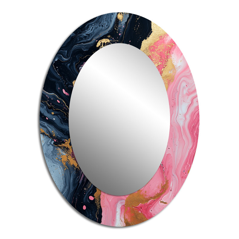 Abstrait marbre en rose et noir - grand miroir mural ovale sur métal, 40 po x 30 po