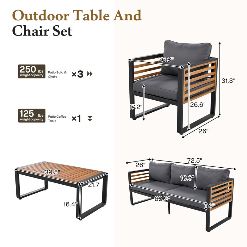 Ensemble de mobilier d'extérieur pour 5 personnes 4 pièces Ensemble de conversation en bois d'acacia avec table basse et coussins épais lavables