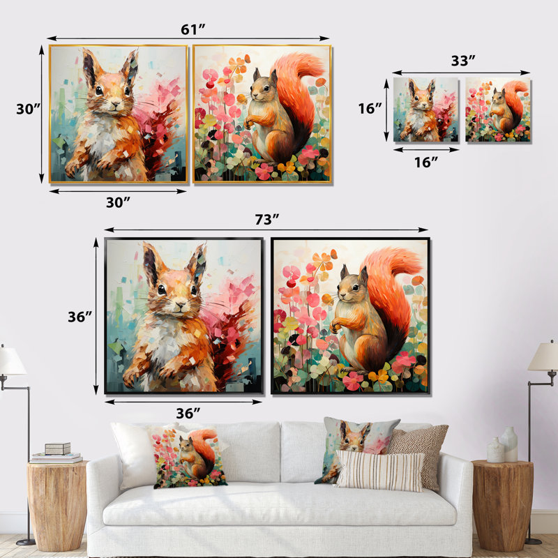 «Pink and Green Squirrel Blooming I», ensemble de 2 reproductions d'art sur toile écureuil, Toile tendue